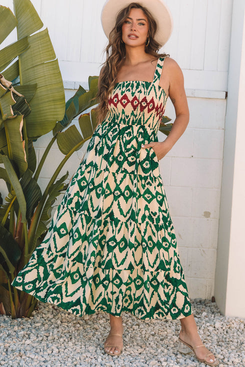 Desert Mirage Aztec Print Shirred Bodice A Line Maxi Dress